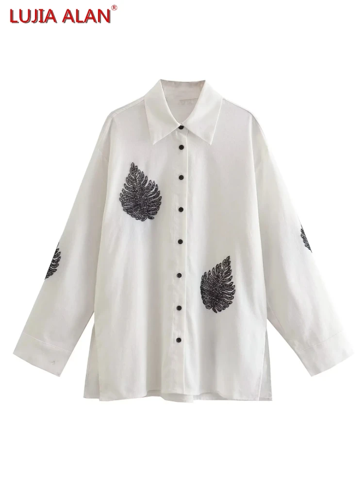 

Beading Decoration White Linen Women Shirts Autumn Female Long Sleeve Blouse Loose Tops Blusas Streetwear LUJIA ALAN B597