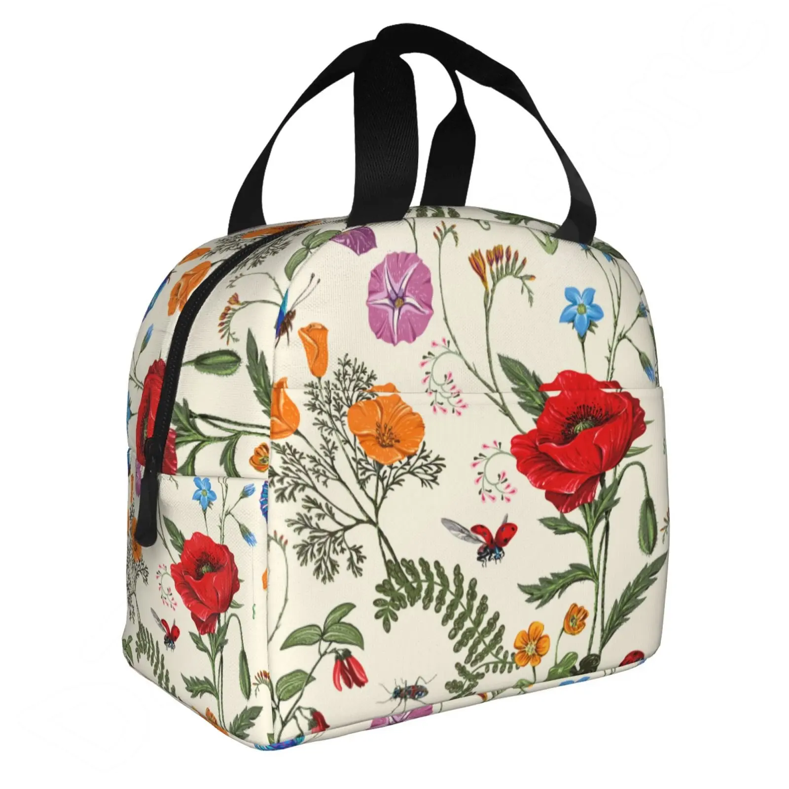 

Plants Flowers and Butterflies Provence Style Insulated Lunch Bag Thermal Bento Tote Bag Reusable Lunch Box for Women Girls Boys