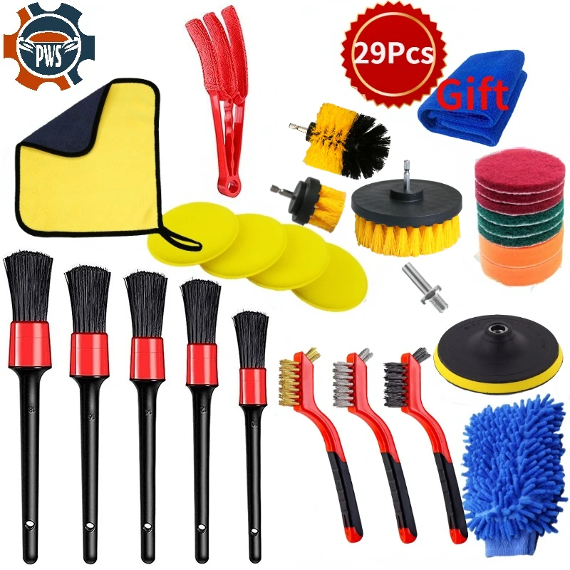 

Auto Cleaning Kit With Brushes For Cleaning Car Interior Exterior, Microfiber Towel, Sponge Cars Drill Brush Set