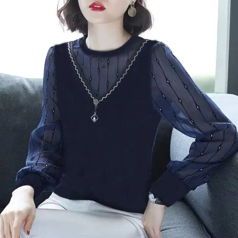 

Large size women's blouse 202 autumn and winter lace mesh long sleeve middle-aged mother cover belly bottom blouse loose jacket