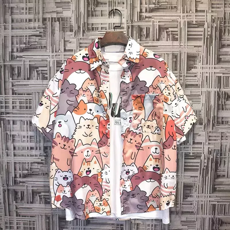 

Japanese tide summer short-sleeved male flower shirt Korean version of the trend of Hawaii loose ins tide couple Harajuku shirt