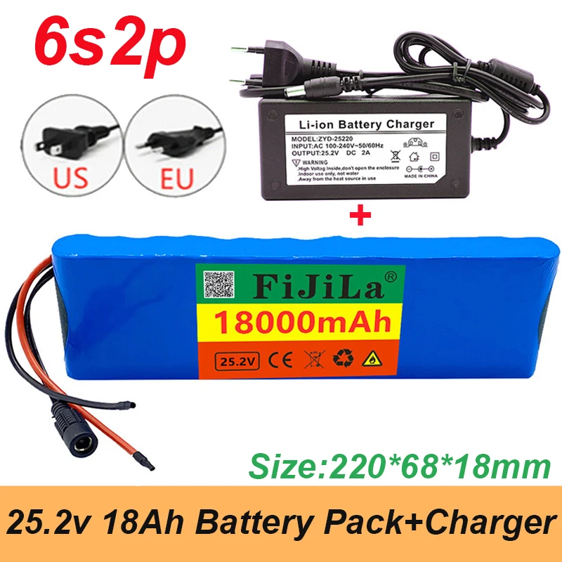 

Pack de batterie au Lithium 6S2P 18000, 24V, 18650 mAh, 25.2V, 18000mAh, avec BMS, pour vélo électrique, avec chargeur 2a