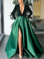 a line sparkle party wear formal evening dress v neck long sleeve floor length satin sequin with crystals split 2023 sequins