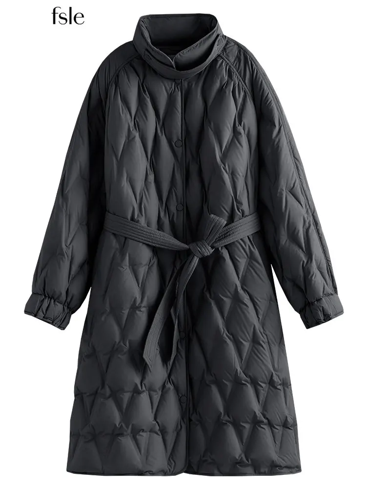 

FSLE 181G Filling Capacity Lightweight Long Down Jacket Women Winter Stand Collar Jacket Belt Design Solid Mid-length Down Coats
