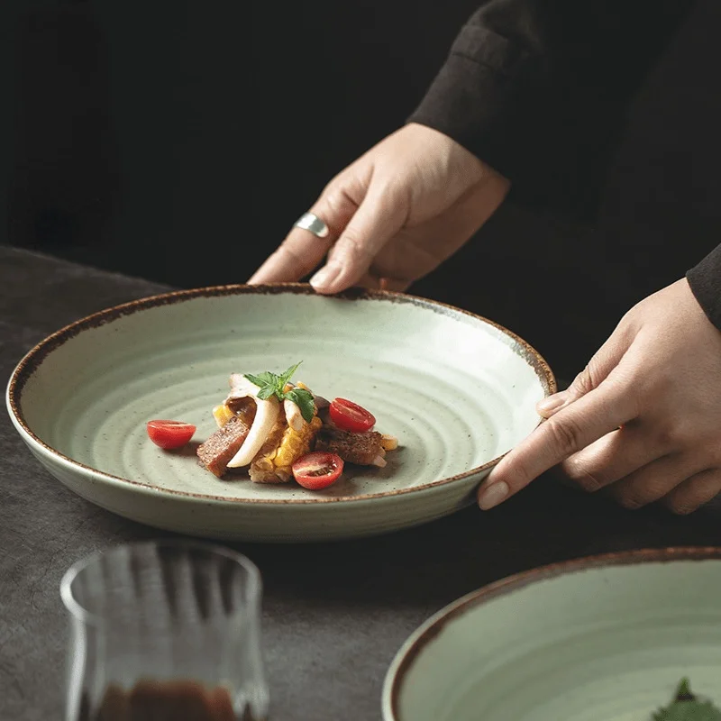 

Японская креативная керамическая посуда в стиле ретро, дюйма, Глубокая Тарелка для пасты, стейка, фруктов, Sald, круглая посуда, кухонная посуд...