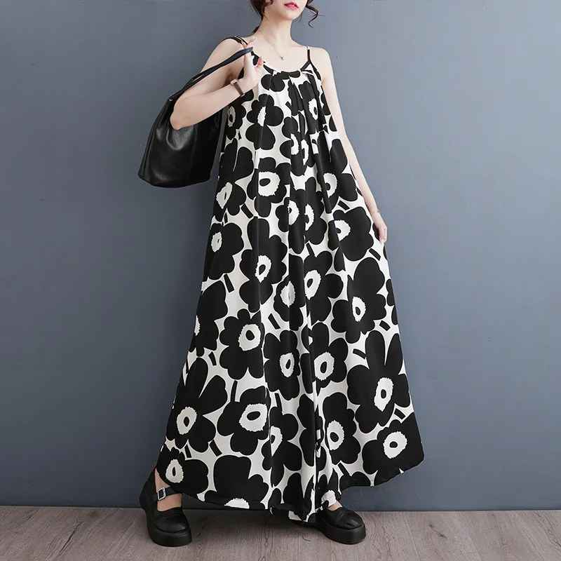 

#6633 Black Backless Spaghetti Strap Jumpsuits Women Loose Thin Printed Sleeveless Wide Leg Jumpsuits Femme Sexy Overalls Summer