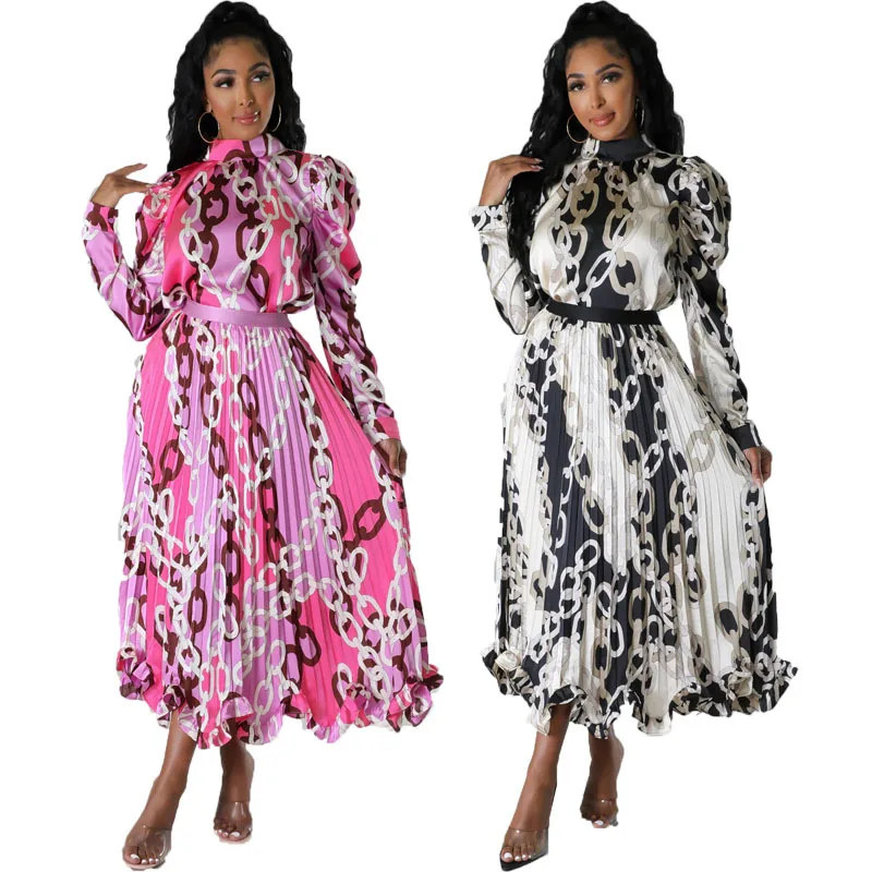 

Europe and the United States new women's printed skirt hemline pleated long-sleeved dress