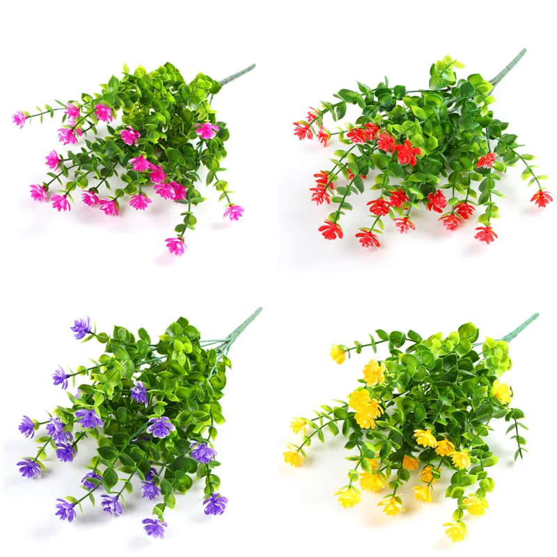 

2bouquet Yellow 21 Flowers Heads/bouquet Plastic Eucalyptus Flowers with Leaves Purple Artificial Flowers Wedding Party Flower