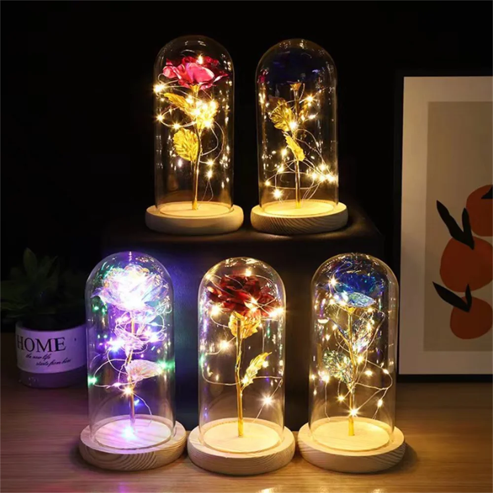 

Valentine Gift Beauty and The Beast Preserved Roses In Glass Galaxy Rose Flower LED Light Artificial Flower Gift for Women Girls