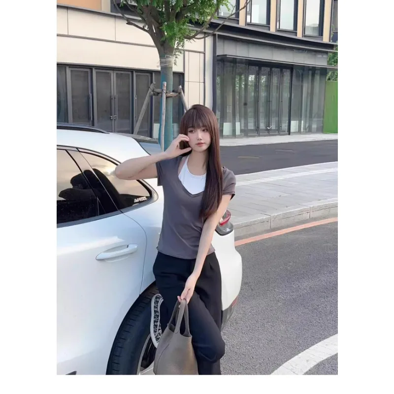 Американский винтажный серый топ на бретелях с коротким рукавом женские летние