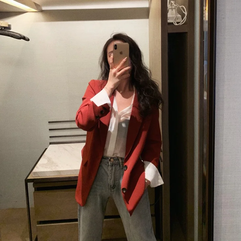 Candy Red Casual Office Blazer 2023 Women Korean Fashion Solid Colors Single Breasted Commute Blazer New Hot Sale Work Clothing