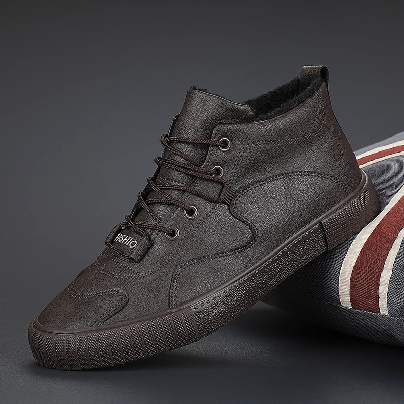 

Holfredterse New Men Casual Winter Leather Shoes Fashion Sneakers Student High Top Outdoor Jogging Vulcanize Lace up Shoes 20921