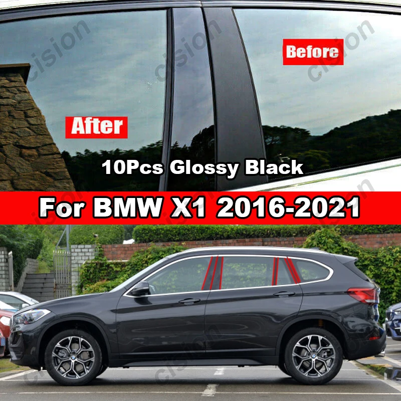 For BMW X1 2009-2022 E84 F48 6/10x Car Door Window Column B C Pillar Post Cover Trim Carbon Fiber Black Mirror Effect PC Sticker