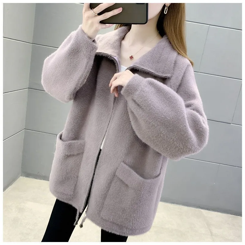 

2023Casual tweed coat, Autumn/Winter New Imitation Mink Fleece Large Cardigan Coat Women's Korean Version Loose Outerwear Thick