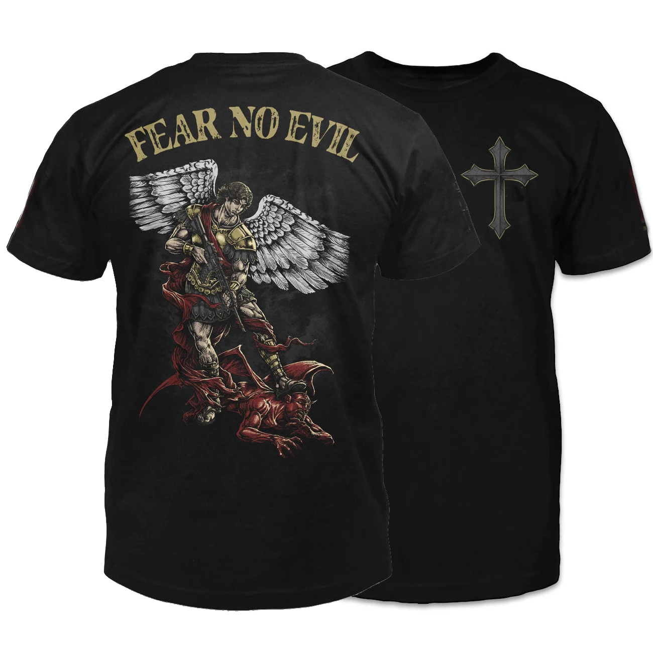

Saint Michael The Archangel Is Ready for Battle. Fear No Evil T-Shirt. Premium Cotton Short Sleeve O-Neck Mens T Shirt New S-3XL