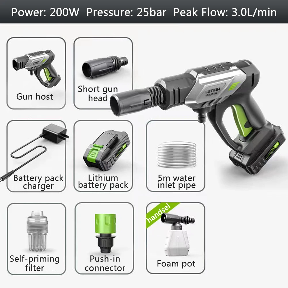 

Беспроводной высоковольтный портативный автомобильный водяной пистолет, перезаряжаемый водяной насос с литиевой батареей, автомойка