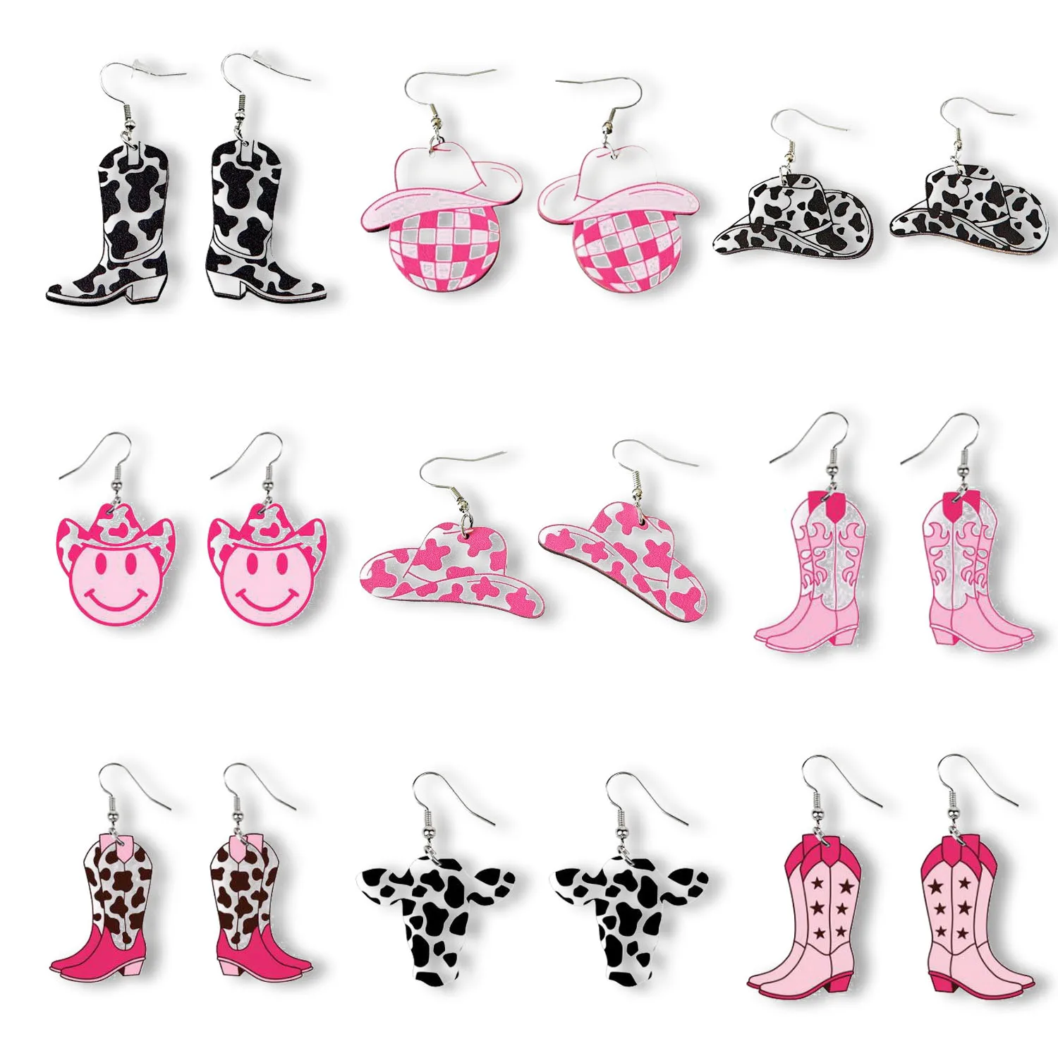

9pcs Western cowboy style Pentagram hat boots smiling face cow earrings
