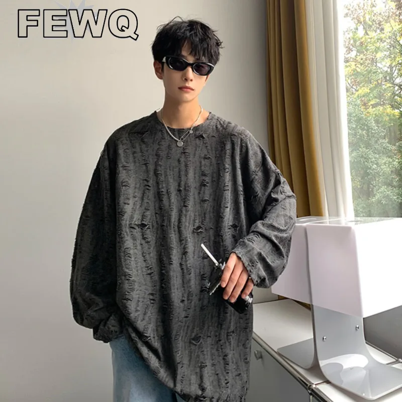

FEWQ Harajuku Men's T-shirts Hip Hop Ripped Tees Male 2023 Spring Fashion New Long Sleeve Round Collar Tops Streetwear 24B690
