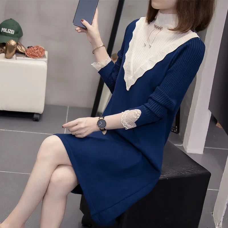 

Женское вязаное платье-свитер, длинный пуловер с воротником-хомутом и длинным рукавом, Свободный джемпер с кружевом, голубые свитера, Осень-зима 2023