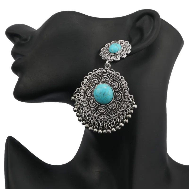 

Vintage Bohemian Round Drop Earrings Women Statement Antique Silver Color Tibet Ethnic Indian Bule Stone Beads Tassel Earrings