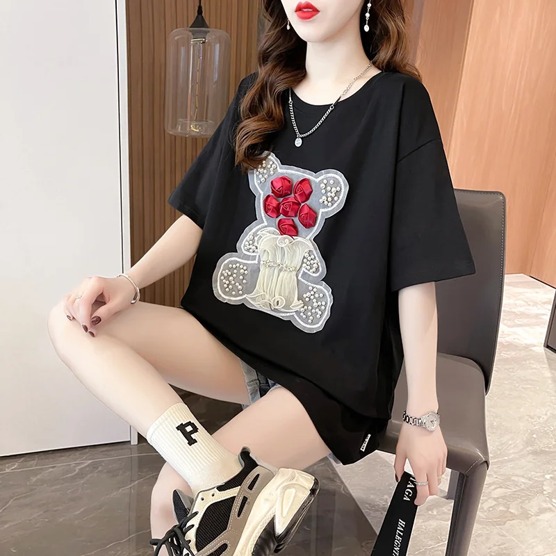 

#0810 Cartoon Pearls Embroidery Loose Casual Womens Tshirt Short Sleeve Patchwork Flower T-shirt Femme Korean Fashion Summer Tee