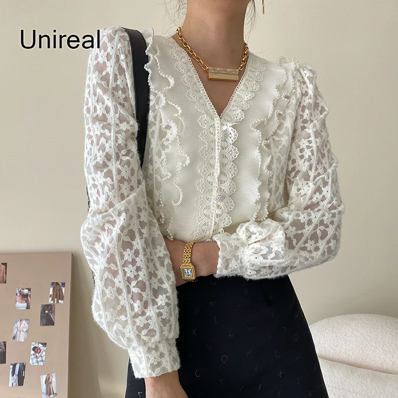 

Женская кружевная блузка Unireak, белая блузка с оборками и длинным рукавом, в винтажном стиле, лето-осень 2022
