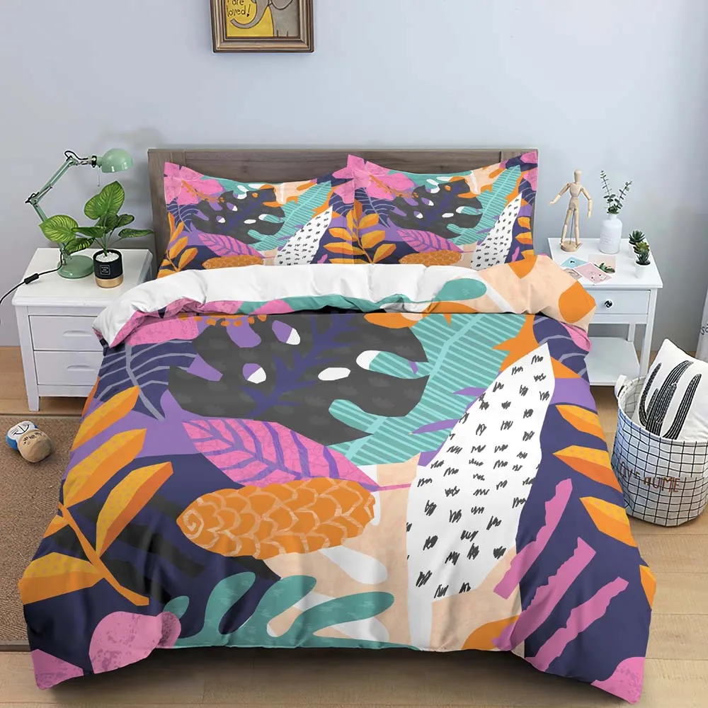 

Abstract Leaves King Queen Duvet Cover Geometric Pattern Bedding Set Tropical Leaf Plant Floral 2/3pcs Polyester Quilt Cover
