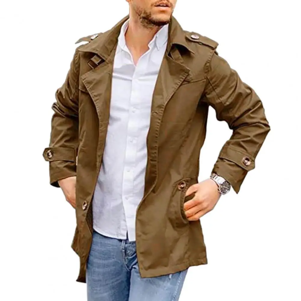 

Тренчкот мужской средней длины, свободная ветрозащитная уличная одежда с отложным воротником, однобортная куртка на пуговицах, весна-осень