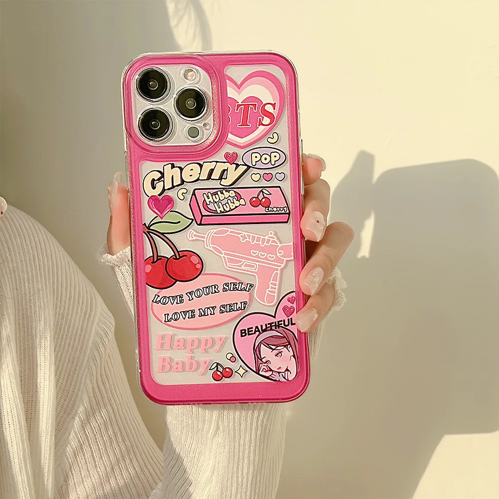 

Cartoon Cherry Girl Pictorial Phone Case for iPhone 13 Pro Max 12 11 XS Max XR X 7 8 Plus 13Pro 14 Shockproof Transparent Cover