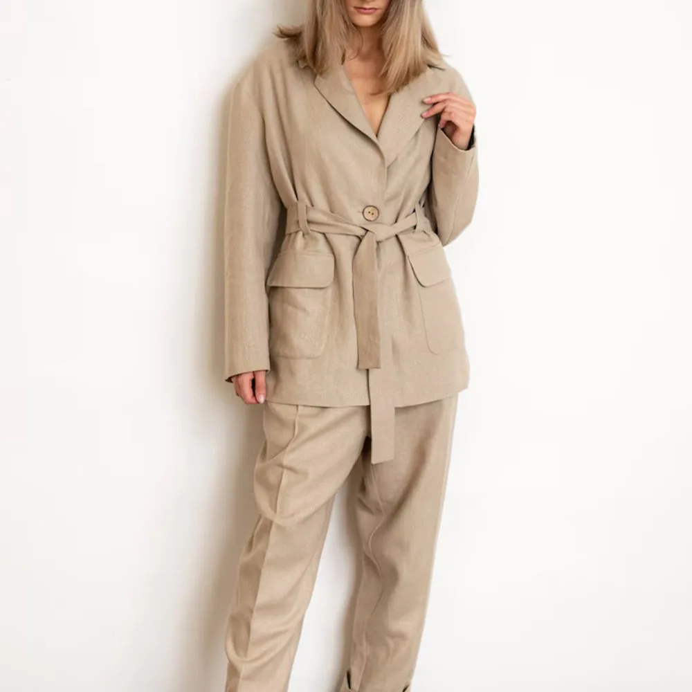 Simple Linen Women Suit Oversized 2 Piece- Blazer and Trousers Soft Washed Pants with Jacket. Office outfit.