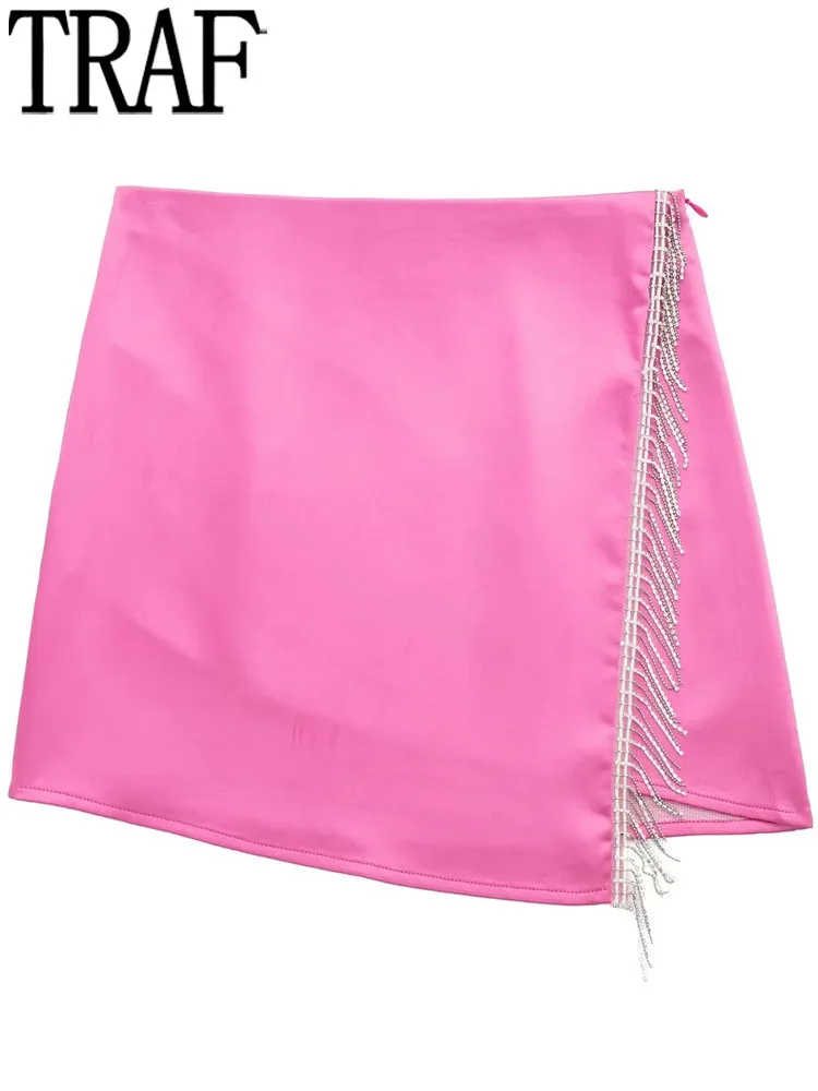 

TRAF Pink Fringe Short Skirt Woman Sexy Mini Skirts Women 2022 High Waist Rhinestone Skirt Fashion Streetwear Elegant Skirts