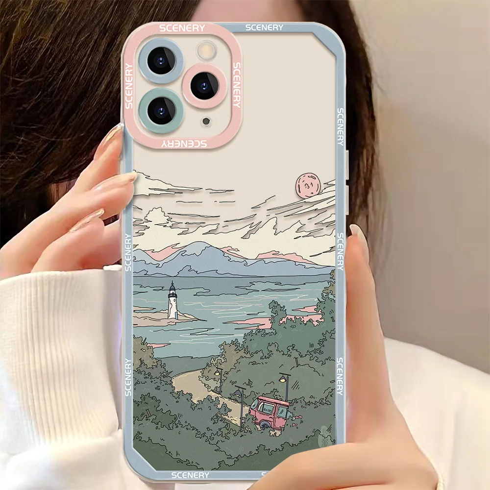 

Landscape Stamp Phone Case For iPhone X XR XS Max 7 8 Plus SE 2 3 Case For iPhone SE 2022 2020 Clear Shockproof Scenery Cover
