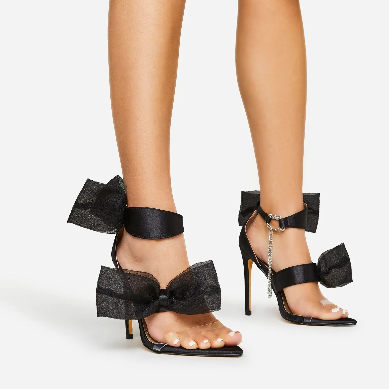 

Bow-knot Fancy Girl's High Heel Shoes 2022 Latest Pointy Toe Sexy Sandal for Women Dress Shoes Clear Breathable Zapatos Mujer
