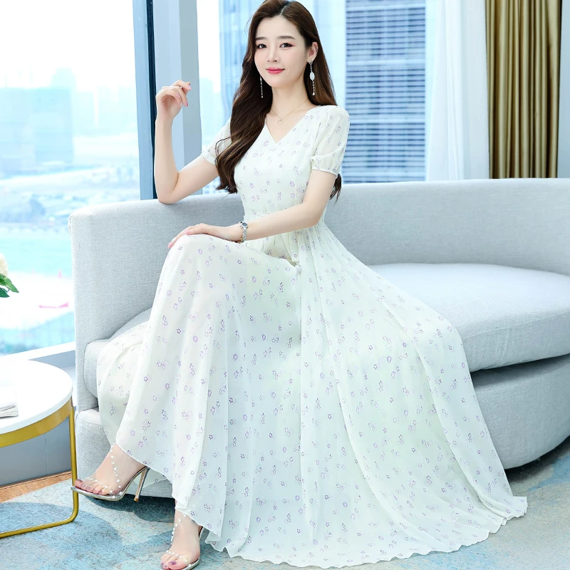 

2022 Summer Chiffon Boho Beach Long Dress Women Fashion White Floral Print Short Sleeve V-neck Maxi Dress Elegant Party Vestidos