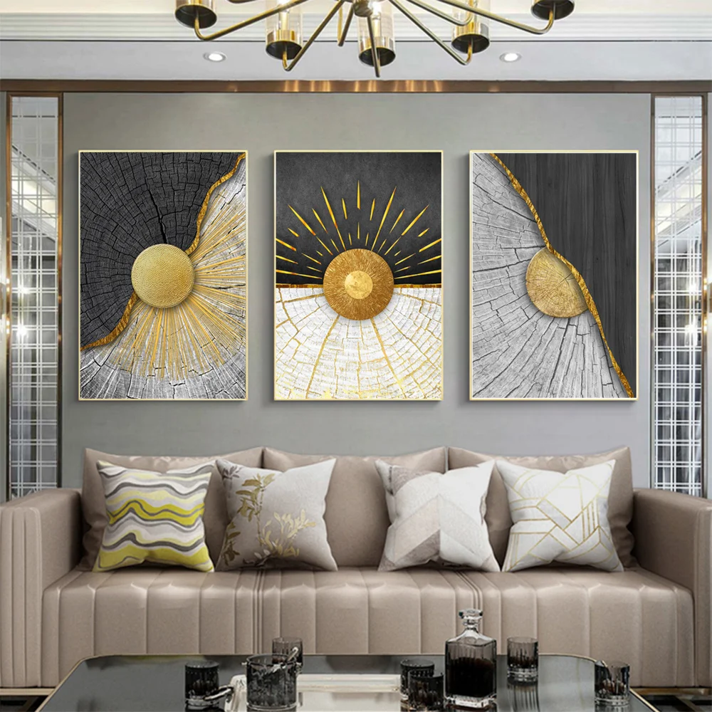 

Abstract Golden Sun Painting, Geometric Wall Art, Nordic Canvas Prints Poster Picture for Living Room, Aesthetic Home Decor