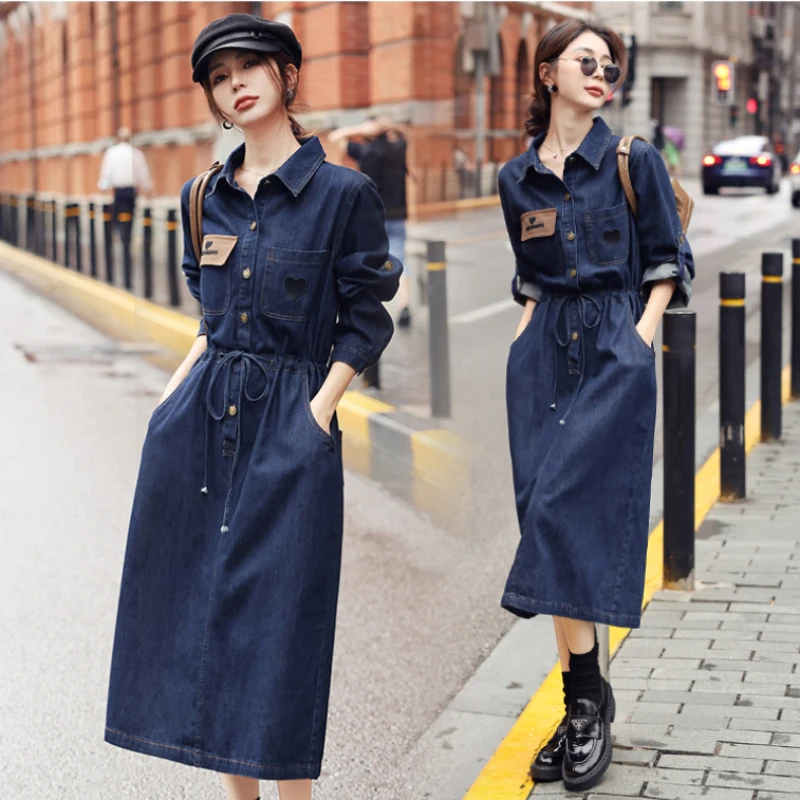 

Vintage Denim Women's Dresses 2023 New Empire Solid A-LINE Slim Three Quarter Clothing Spring Autumn Sexy Fashion Women Dress