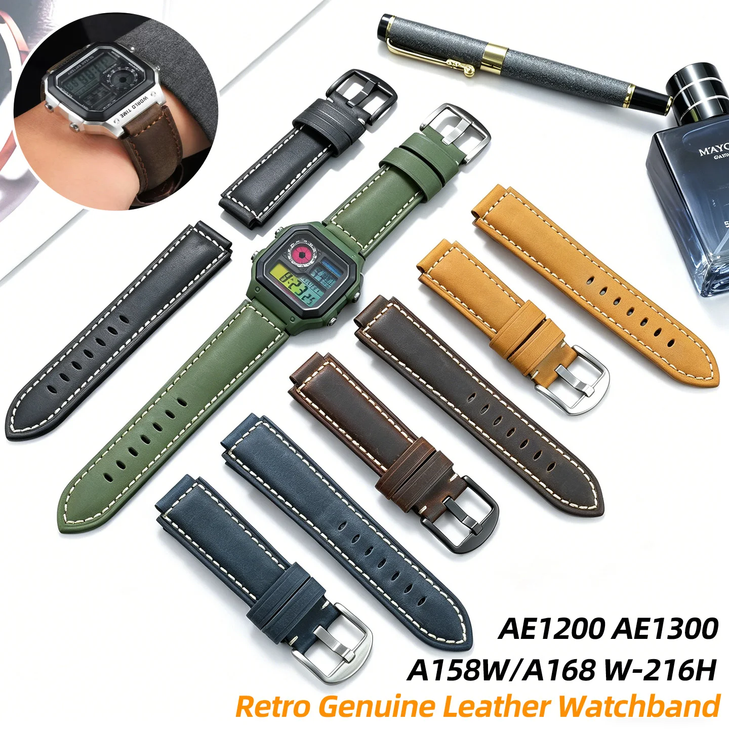 Фото Винтажный ремешок для часов из воловьей кожи 18 мм для Casio F91W W-800H SGW400 F84 F105 F108 A158 A168 AE1200 AE1300, модифицированный браслет-ремешок для часов №1