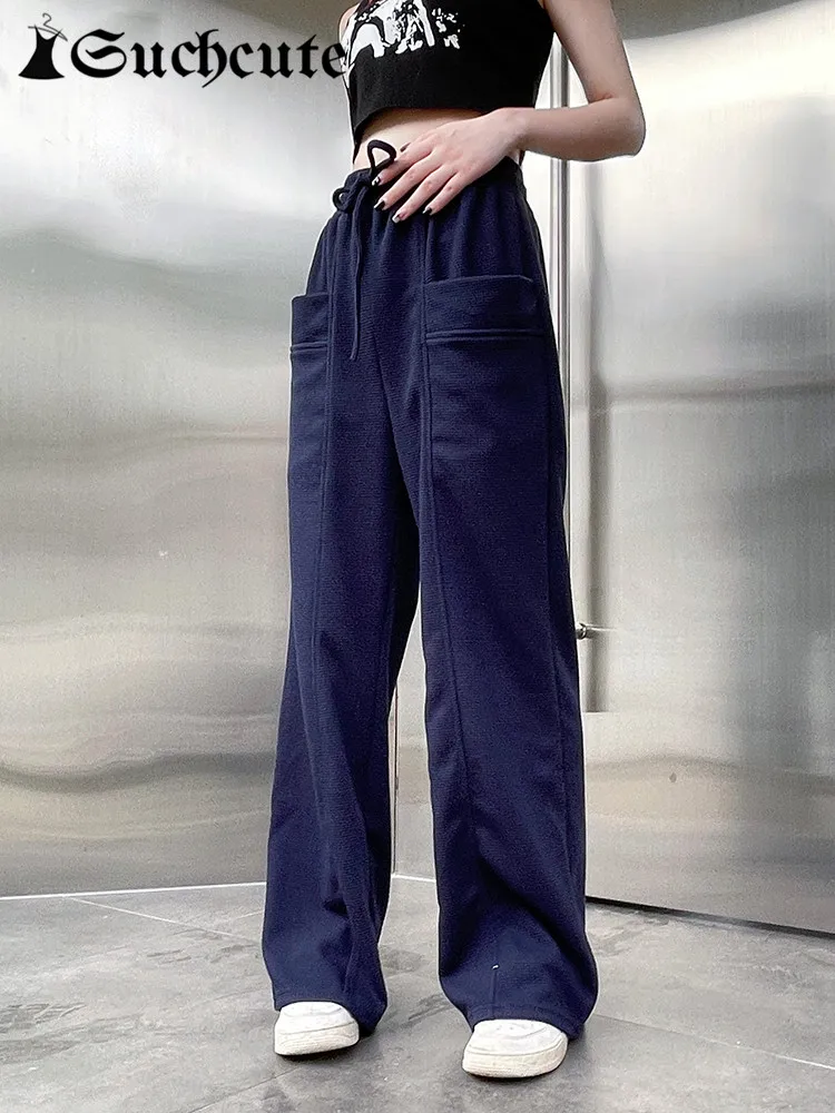 

SUCHCUTE Sporty Casual Front Pocket Patchwork Women Pants Streetwear Vintage Wide Leg Trousers Drawstring Low Rise Baggy Clothes
