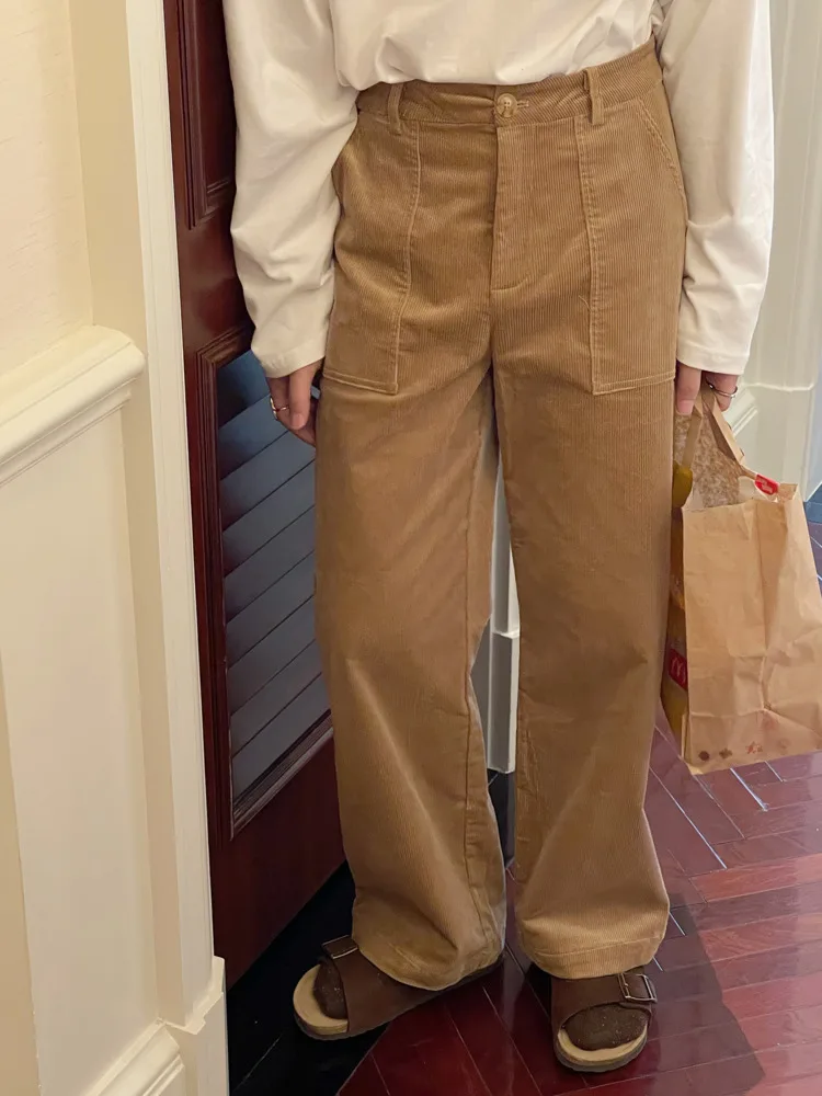 

SYUHGFA Men Clothing 2022 Spring Autumn Corduroy Straight Wide Leg Pants For Couple High Waist Causal Loose Trousers For Male