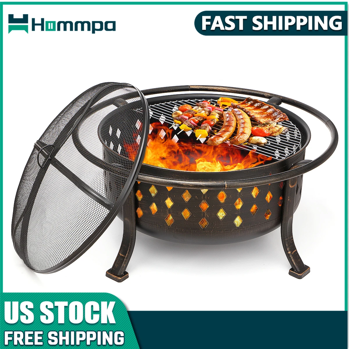 

36 inch Fire Pit Outdoor Wood Burning Fire Pits Heating Large Steel BBQ Grill Firepit Bowl for Winter with Cooking Grate