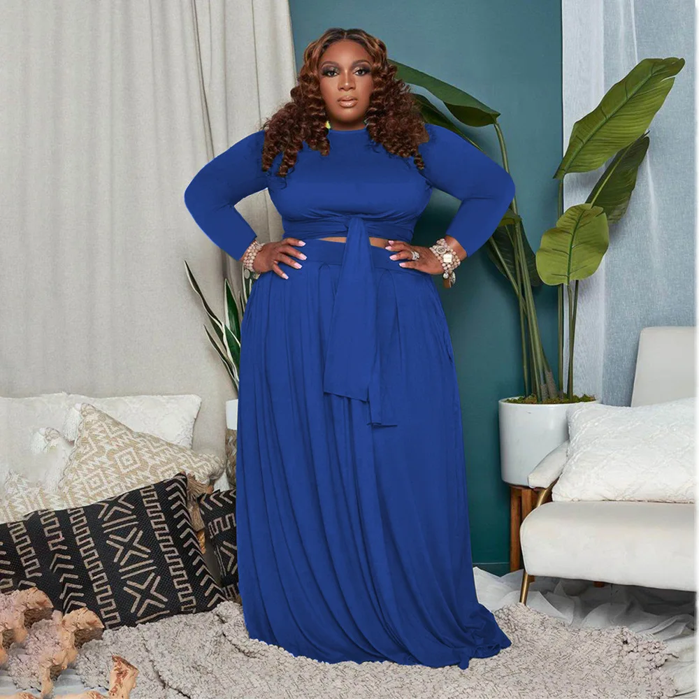 Plus Size Women Clothing Two Piece Set Short Solid Long Sleeve Round Neck Lace Up Casual Dress Set Two Pieces Women's Wear