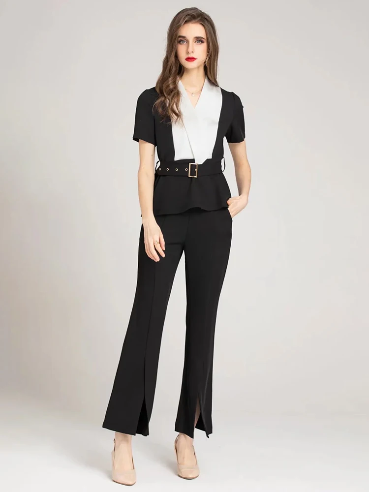 

Женский костюм из двух предметов Svoryxiu, разноцветный костюм из блузки с V-образным вырезом, короткими рукавами и поясом на резинке и облегающ...