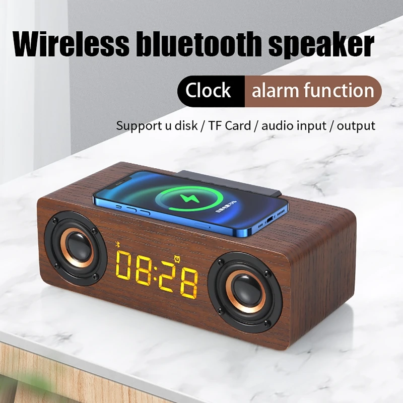 

3 IN1 Wireless Charging Clock Bluetooth Speaker with Time Display Wooden Card U Disk Computer Audio Table Clock Retro Clocks