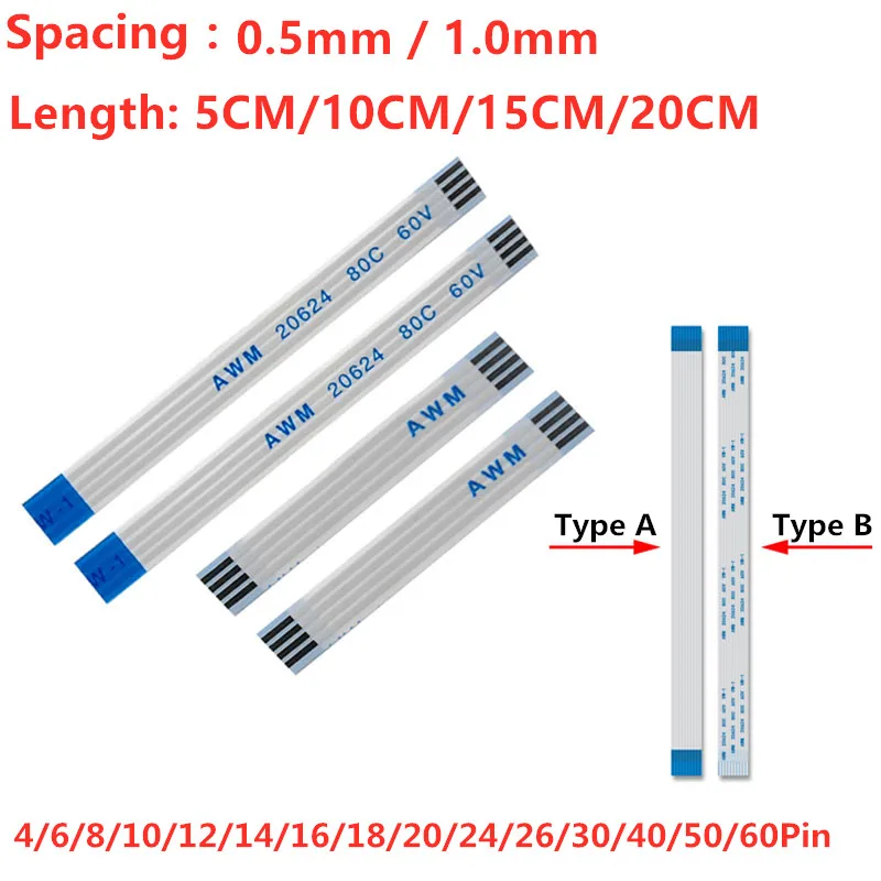 10PCS Flat Flexible Cable FFC FPC LCD Cable A/B Type 50/100/150/200mm 0.5MM 1.0MM 4/6/8/10/12/14/16/18/20/24/26/30/40/50/60 Pin