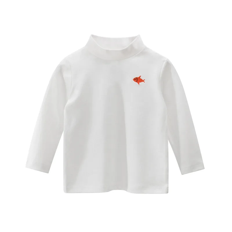 Korean Style Children's Clothing Autumn New 2023 Fish Embroidery Cotton Top Girls Baby Boys Turtleneck Long Sleeve T-shirt 2-9Y enlarge