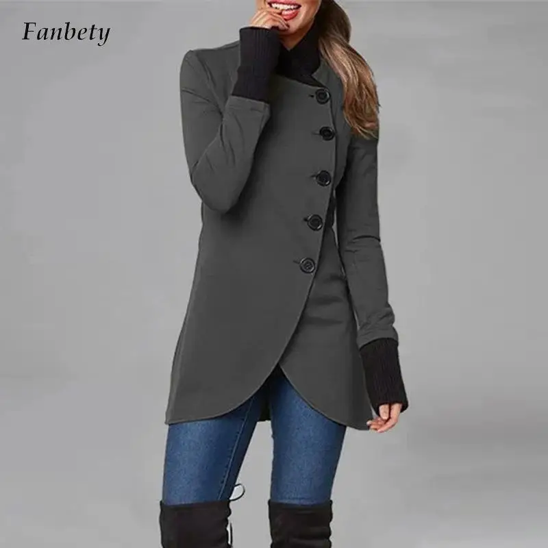 

Elegant Single-breasted Irregular Jacket Autumn Fashion Stand Collar Button Slim Coats Winter Casual Long Sleeve Solid Outerwear