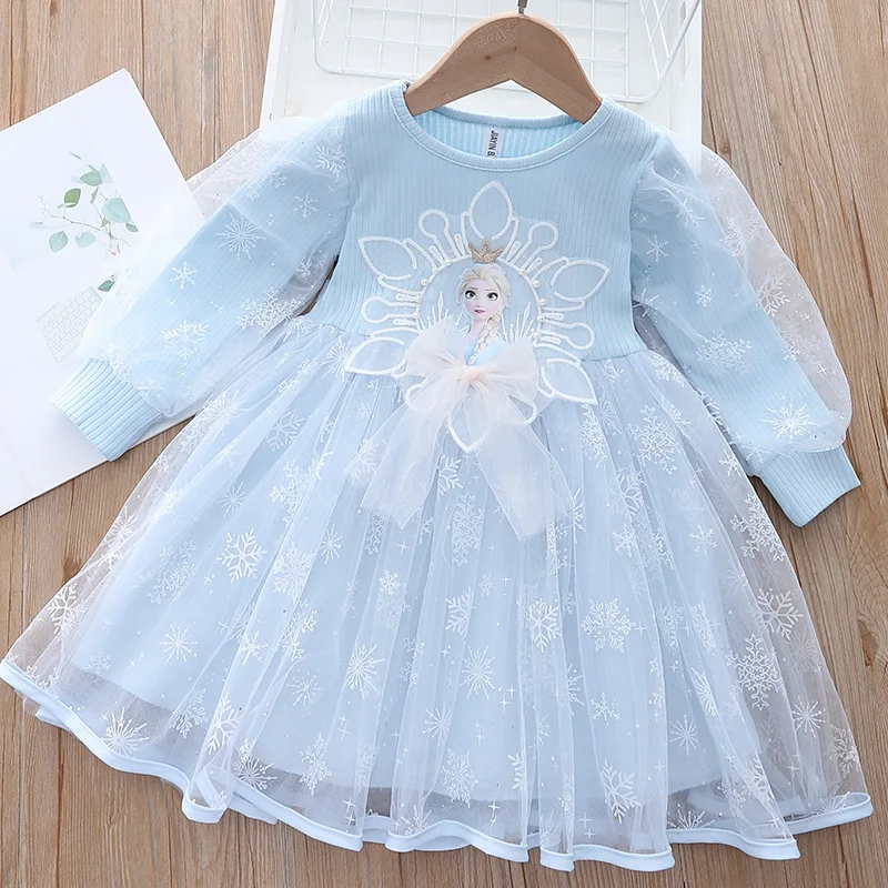 

Осенняя одежда для маленьких девочек, кружевное платье принцессы с вышивкой «Холодное сердце» и бантом, праздвечерние чный костюм для мале...