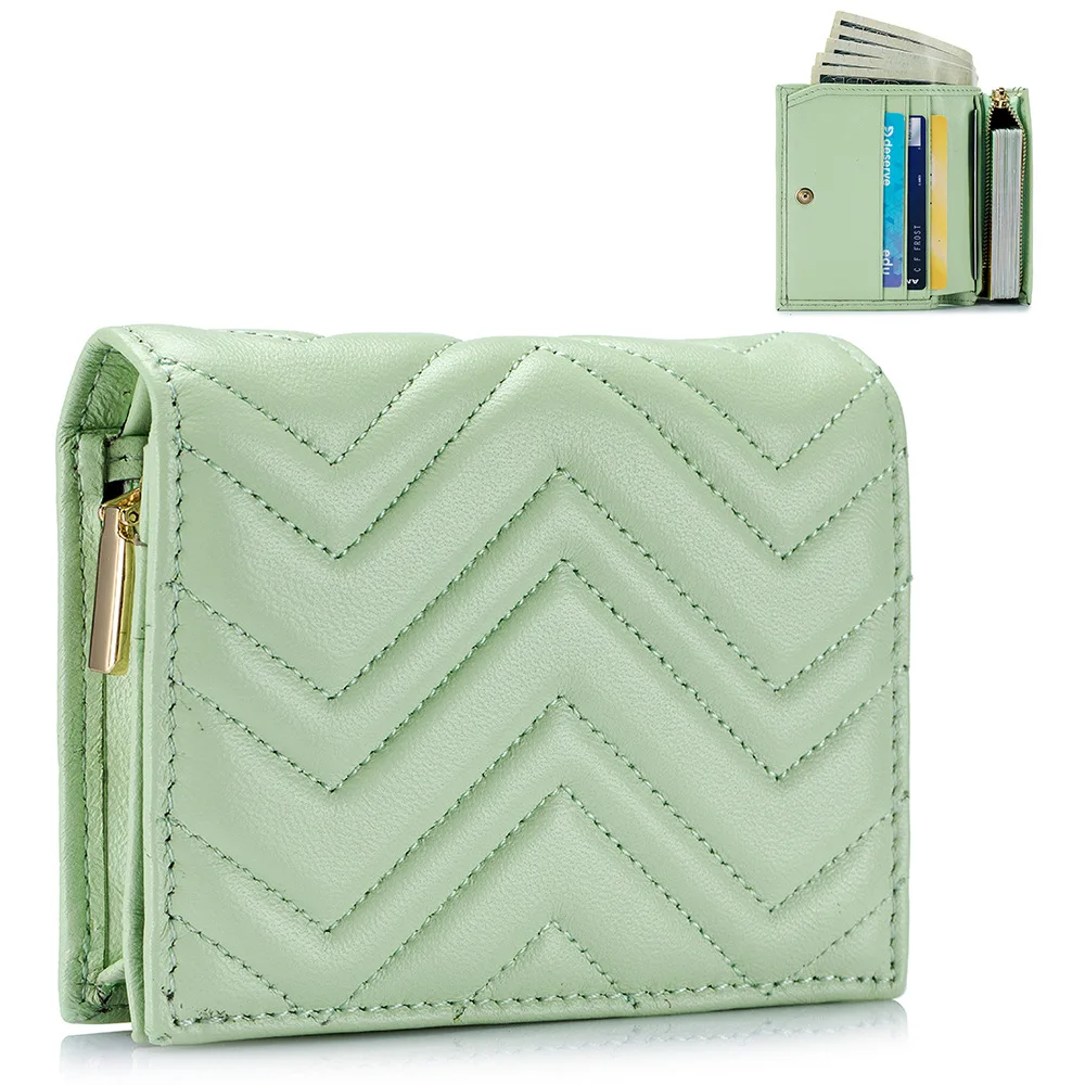Luxury Quilted Design Women Sheepskin Genuine Leather Wallet Fashion Stripe Card Holder Zipper Female High Quality Coin Purse