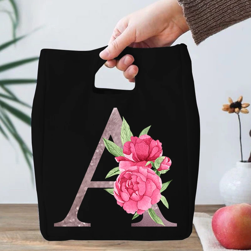 

Red Rose Flower Letters A-Z Canvas Lunch Bag Harajuku Insulated Functional Thermal Pouch Cooler Bags for Women Funny Picnic Box