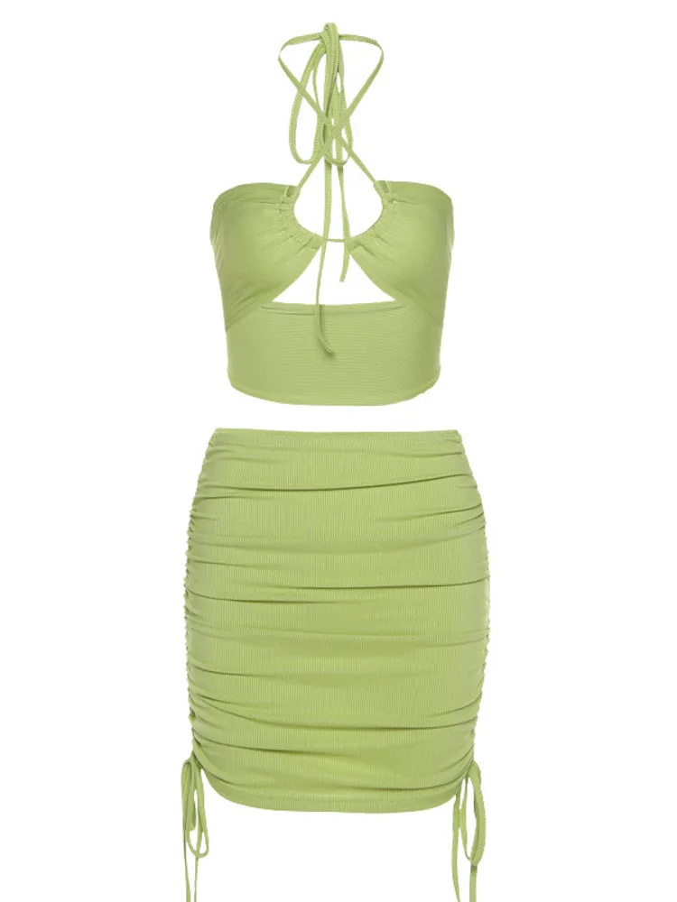 

Ribbed Tank Top And Skirts Sets Women 2022 Summer Sexy Halter Two Piece Set Female Streetwear Bodycon Drawstring 2 Piece Outfits